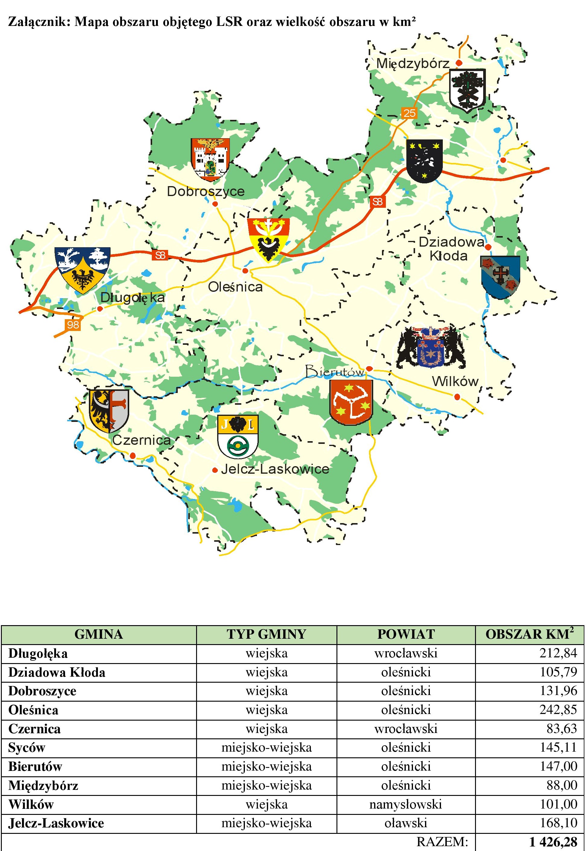 Mapa obszaru objętego LSR oraz wielkość obszaru w km